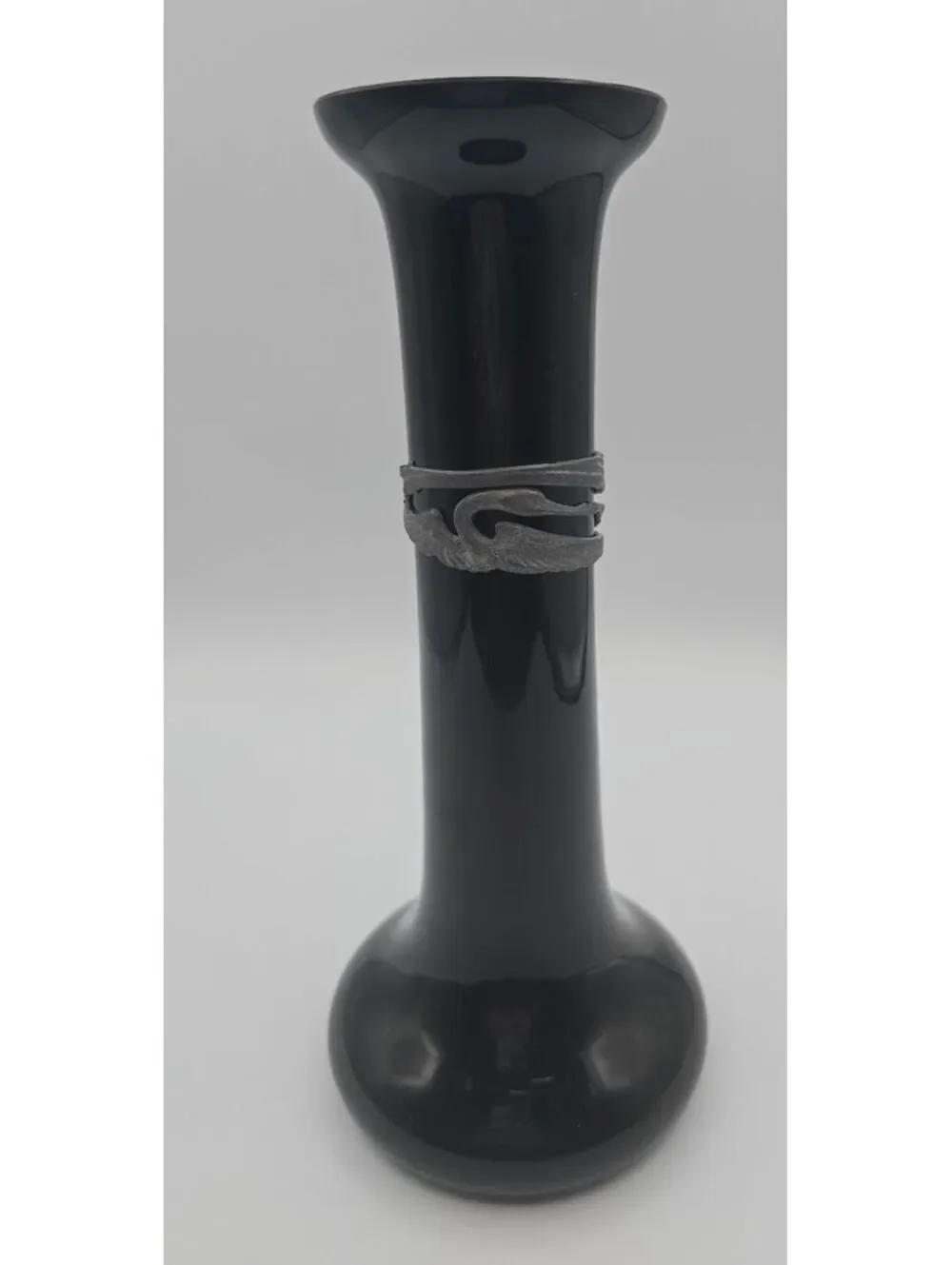 Vintage WMF Black Hyalith Glass Vase Pewter Swan Mount Germany Art Deco